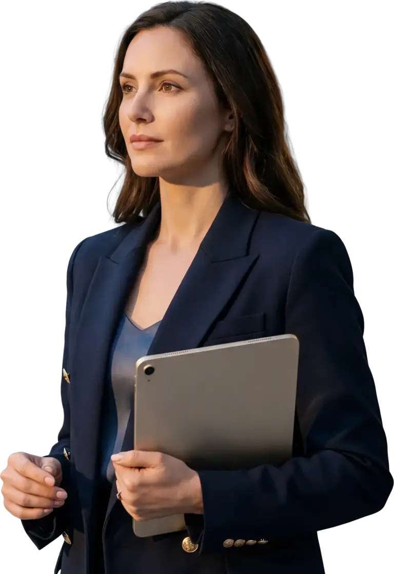 Žena v tmavom obleku s tabletom